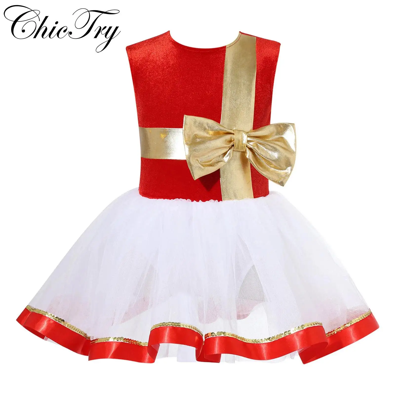 

Kids Girls Christmas Dance Dress Sleeveless Bowknot Tutu Santa Dress Xmas New Year Festival Party Figure Skating Ballet Leotards