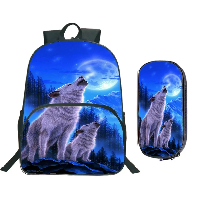 Mochila con estampado de Lobo y Animal para niños y niñas, Juego de 2 piezas con bolsa para bolígrafos, mochilas escolares de gran capacidad, mochila de viaje para ordenador portátil