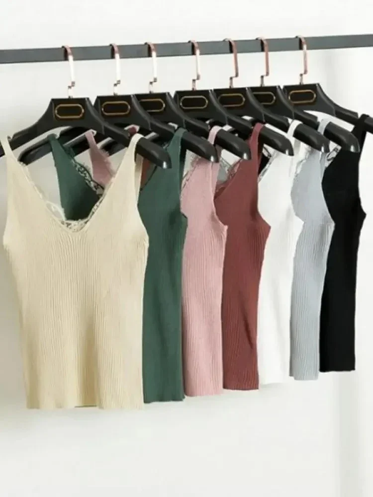 2026 Solid Stitching V-neck Women Camis Hook Flower Lace Tank Female Knitted Short Slim Sleeveless Shirt Tank Casual Tops