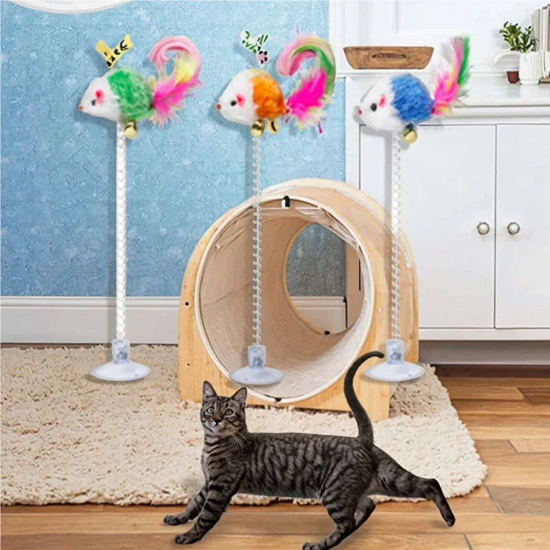 Swinging Mouse Toy - Suction Cup, Spring, and Feather Mouse Toy with Bell Sound, Interactive Cat Toy