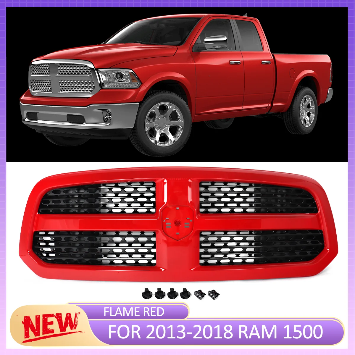 Flame Red Front Grille Black Mesh Grille for Dodge Ram Laramie 2013-20018 Honeycomb Grid Grills Front Bumper Grille Hood Grills