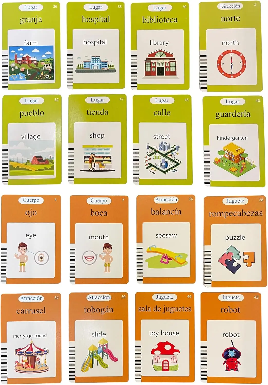بطاقات فلاش الإنجليزية الإسبانية ثنائية اللغة للأطفال والأطفال الصغار، 255 بطاقة - 510 جوانب تعلم أصوات حروف المفردات الإسبانية، تمتد