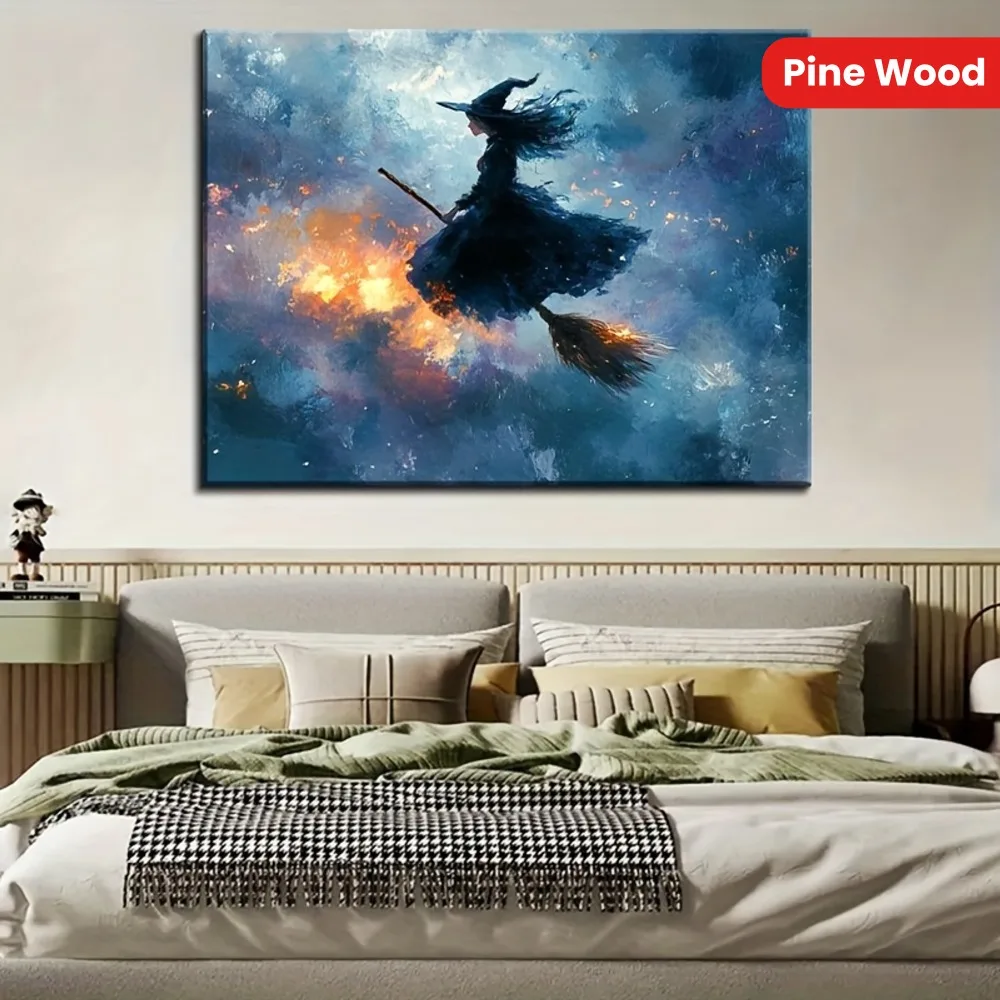 

1.5 inch solid wood frame, canvas painting art,hallway home living room decoration,witches riding broomsticks over the full moon