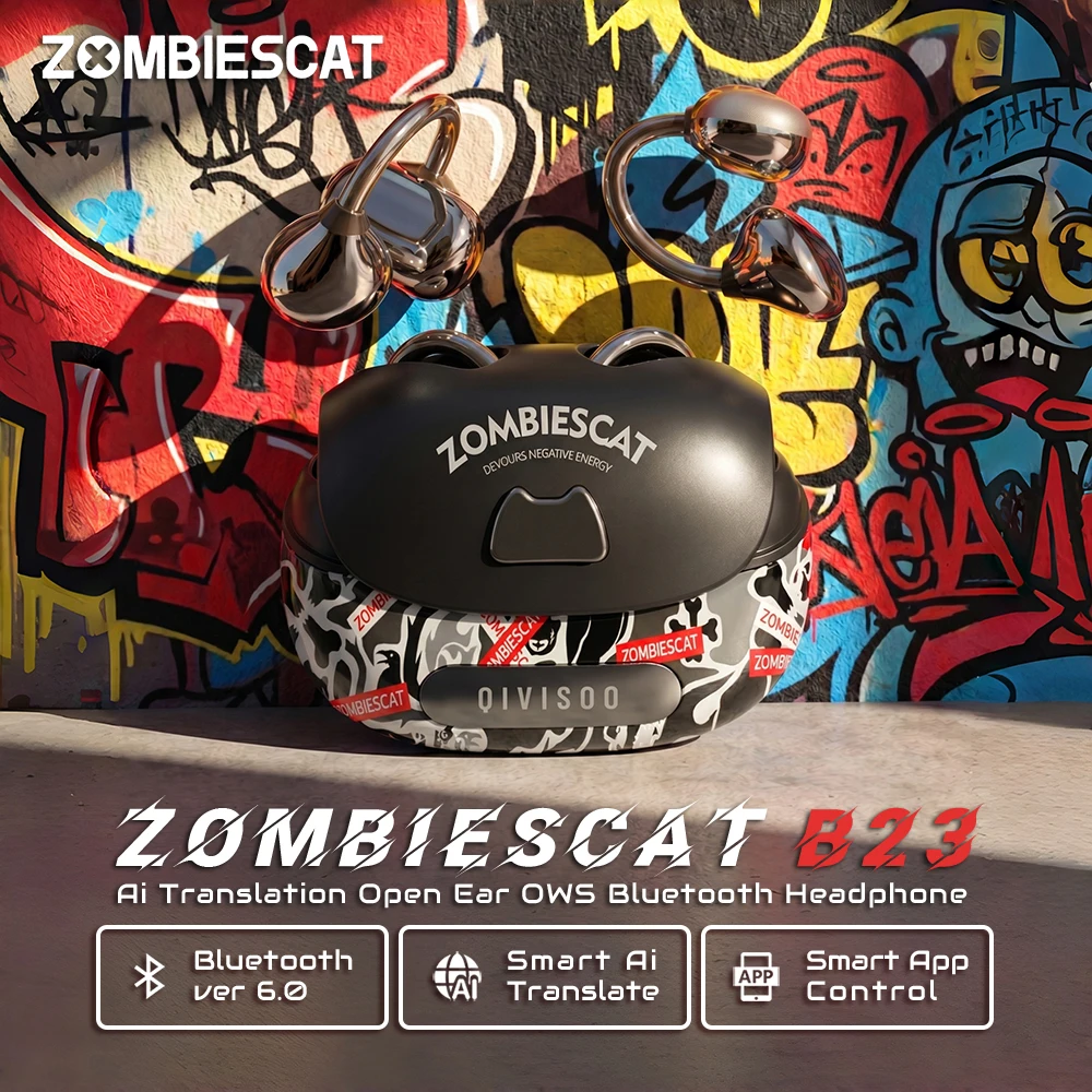 

Zombies Cat B23 Graffiti Bluetooth 6.0 Ear Clip Earbuds Real Time Ai Translation Headphone OWS Wireless Earphones with Smart APP