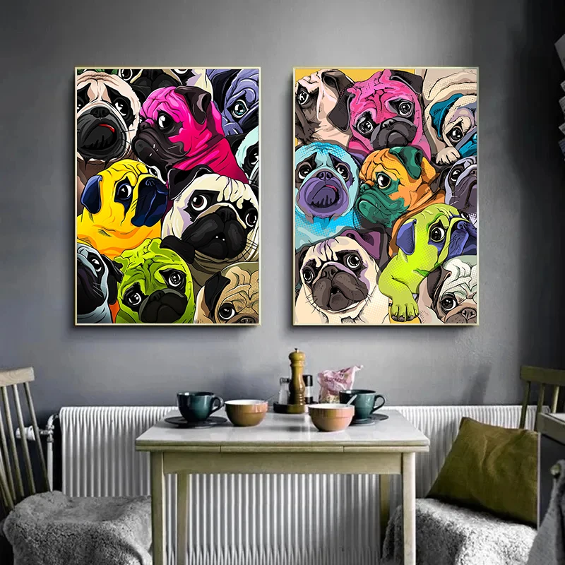 Cute Crowded Pugs Dog Poster Canvas Painting Colorful Funny Animal Wall Art Print for Kid Living Room Home Decor Cuadros Gift