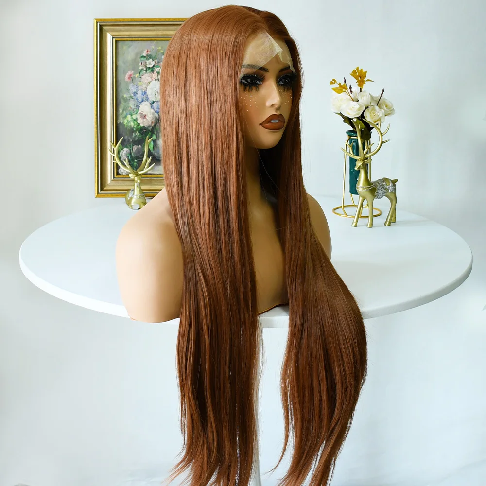 Светло-коричневый парик 13x4 Синтетический кружевной передний предварительно сорванный 30-дюймовый длинный прямой бесклеевой шоколадный светло-коричневый парик для чернокожих женщин