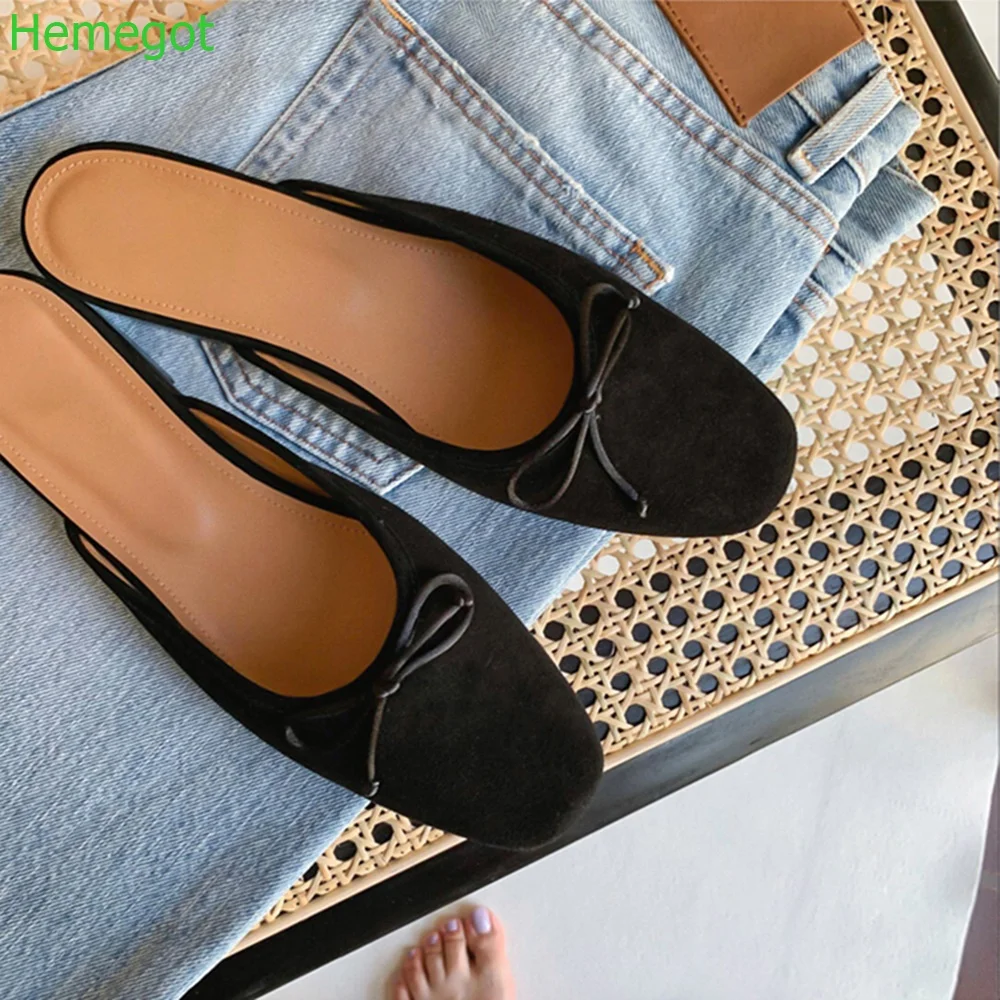 Genuine Leather Square Toe Ladies Slippers Black Butterfly Knot Covered Toe Shoes Fashion Suede Flat Women Slippers