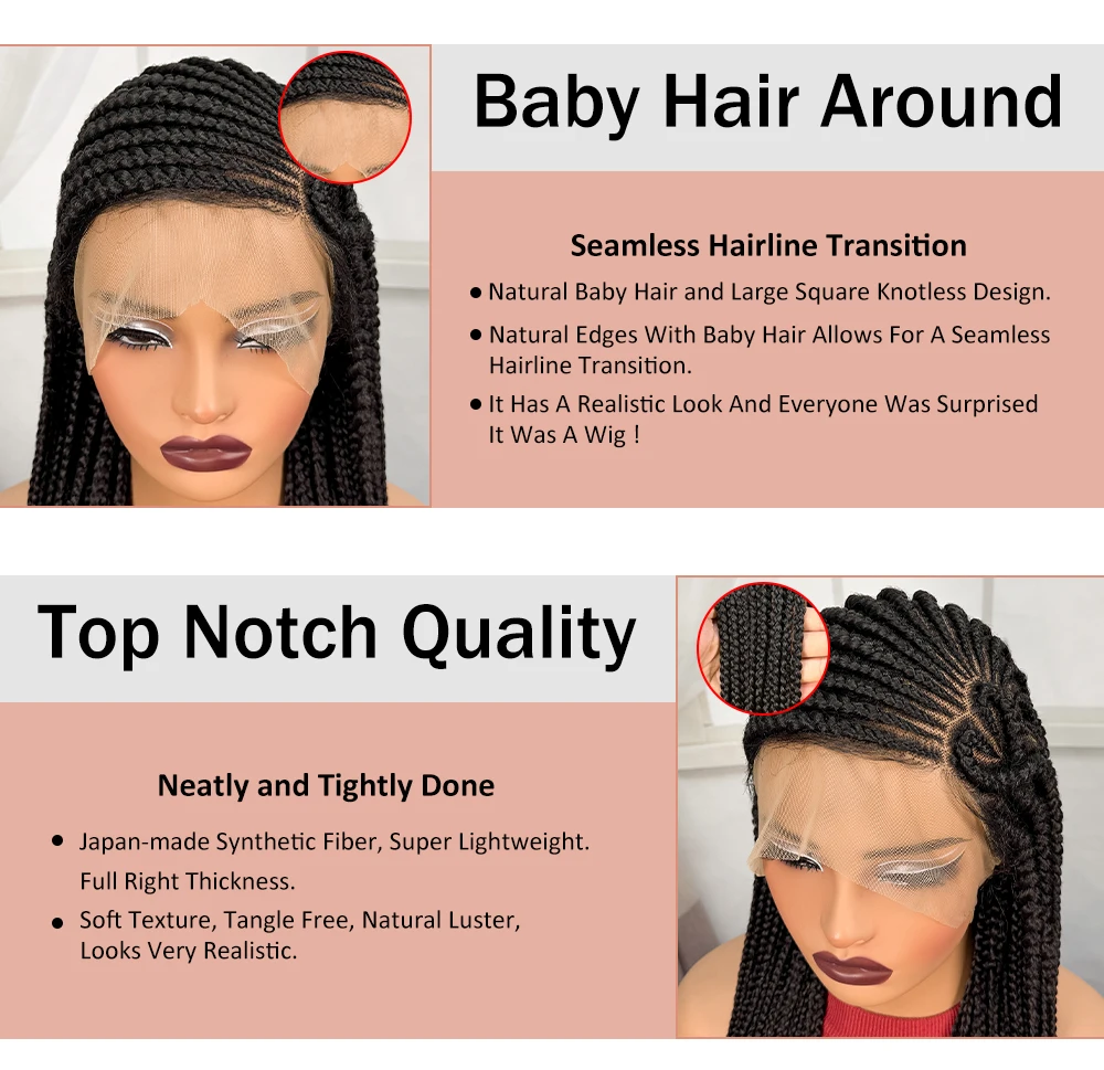 36inch Full Lace Natural Cornrow Braided Wigs Synthetic Braiding Hair Wigs Box Braided Lace Wigs with Baby Hair for Black Women