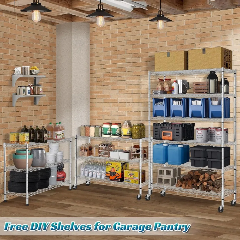 Heavy-Duty 6-Tier Steel Wire Shelving Unit with Wheels, 6000lb Capacity, Adjustable NSF-Approved Garage Storage Rack