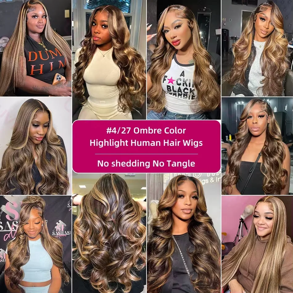 30 Polegada 4/27 mel loira destaque 250 densidade onda do corpo ombre destaque peruca de cabelo humano 13x6 peruca dianteira do laço cabelo humano para mulher