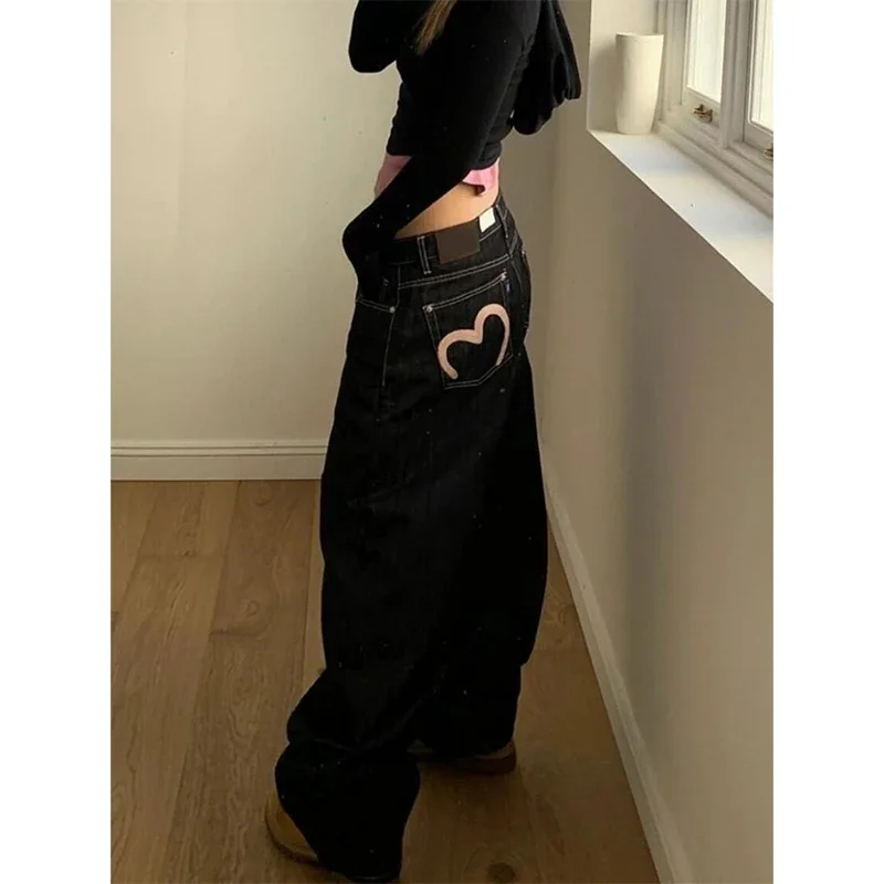 Women Vintage Love Print Baggy Jeans 2025 Autumn Harajuku Casual Wide Leg Pants Streetwear Y2K Aesthetic Denim Trousers