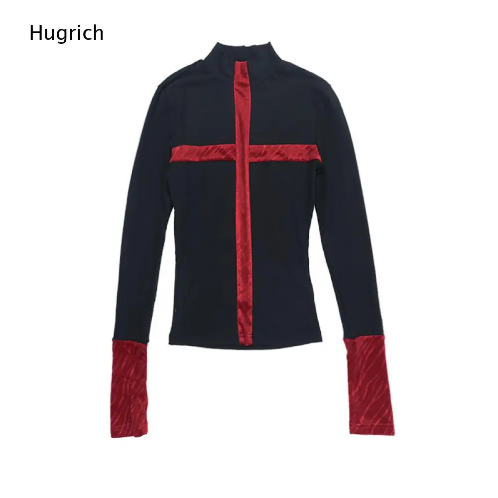 Daily Punk Slim Long Sleeve Top Solid Black Mock Neck Red Velvet Cross Panel Contrast Flared Cuff Blouse