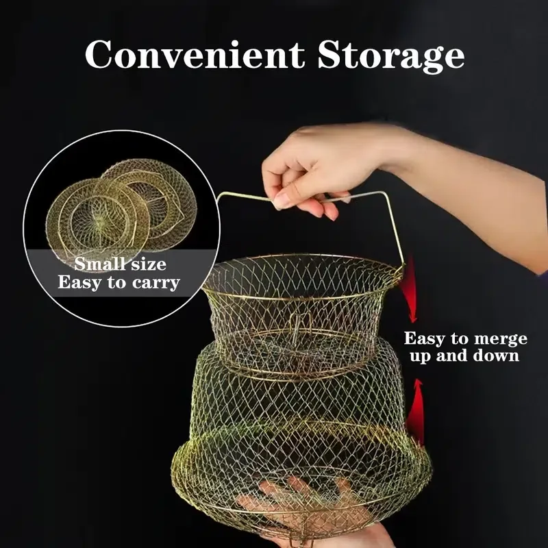 Goture Portable Steel Wire Fish Net Cage Metal Fish Crab Basket Bag Foldable Fishing Net Tackle 58 x 33cm