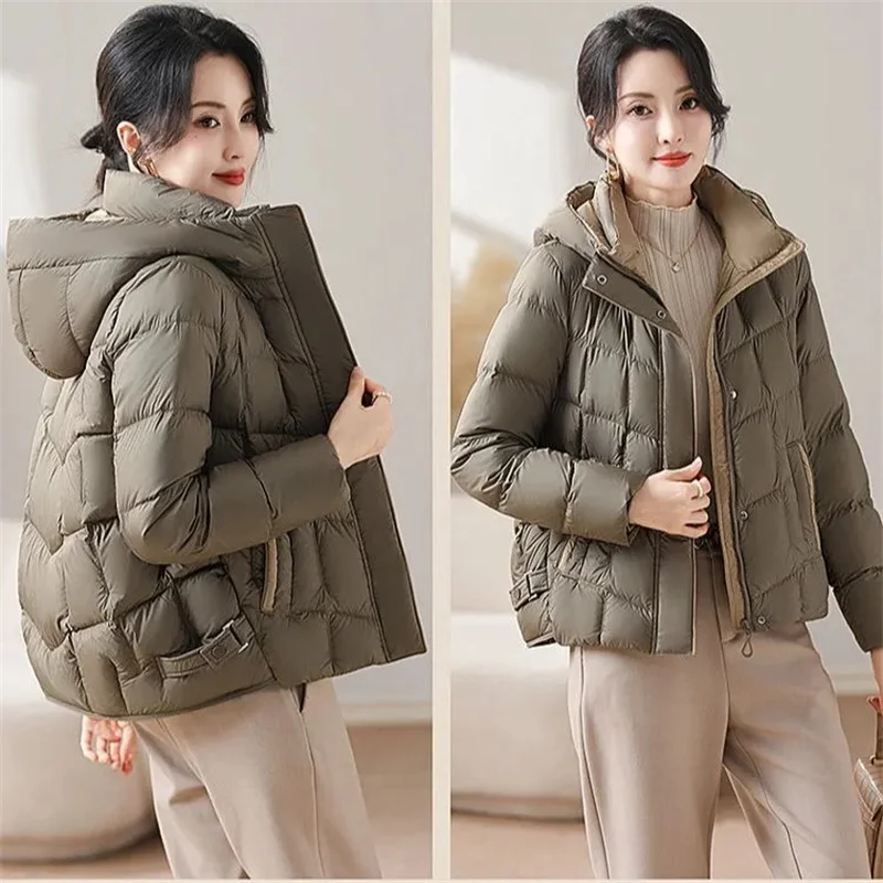 

New Winter Warm Cotton Down Jacket Women Hooded Puffer Jackets Thick Female Streetwear White Cotton Padded Jacket Coat Outerwear