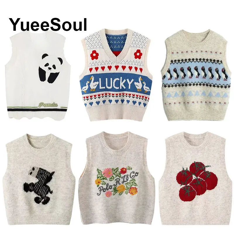 

Белый свитер, жилет, пуловер без рукавов с принтом, свободные вязаные женские жилеты, новинка 202, Y2K, милый милый уличный повседневный жилет
