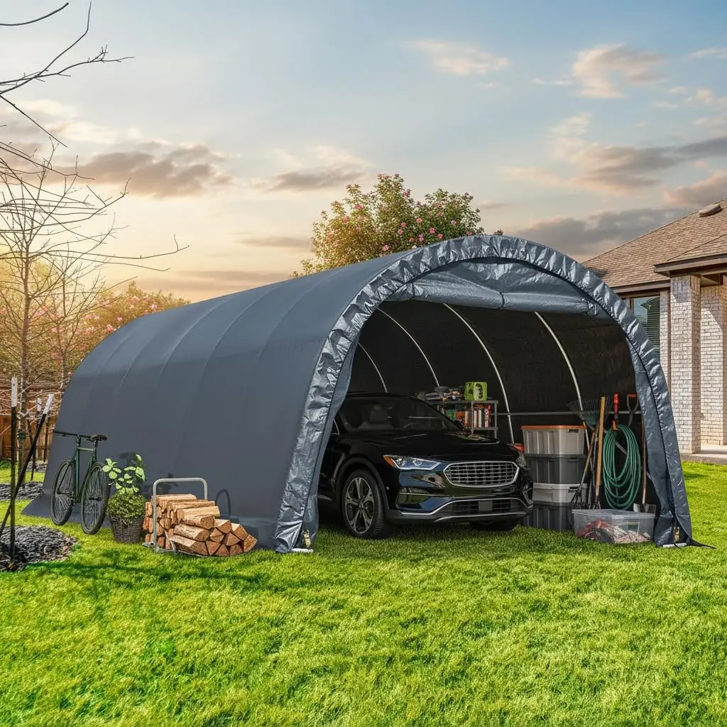 

12 x 24 FT Heavy Duty Carport, Portable Garage with Reinforced All-Steel Frame and Round Style Roof, Anti-Snow All, Custom