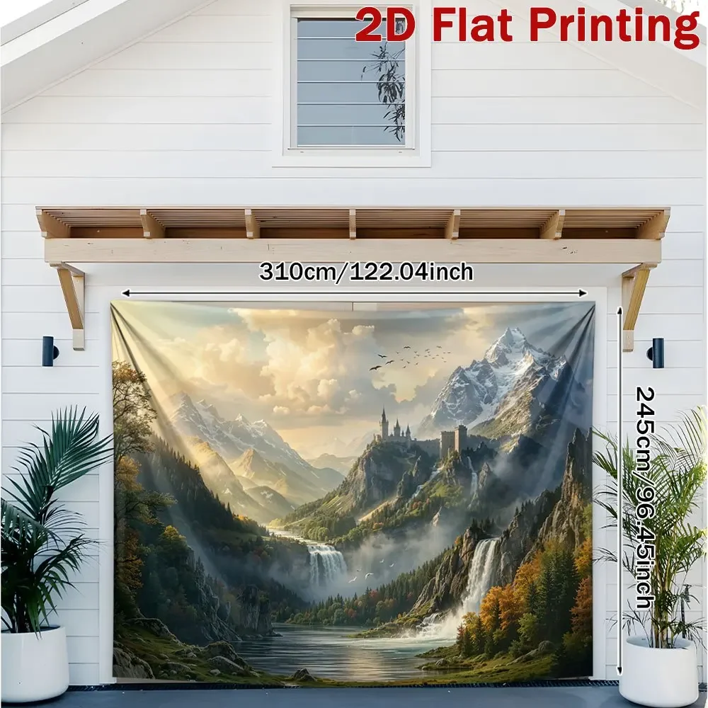One oversized banner featuring a mountain castle and waterfall scene - Medieval-themed castle and waterfall landscape