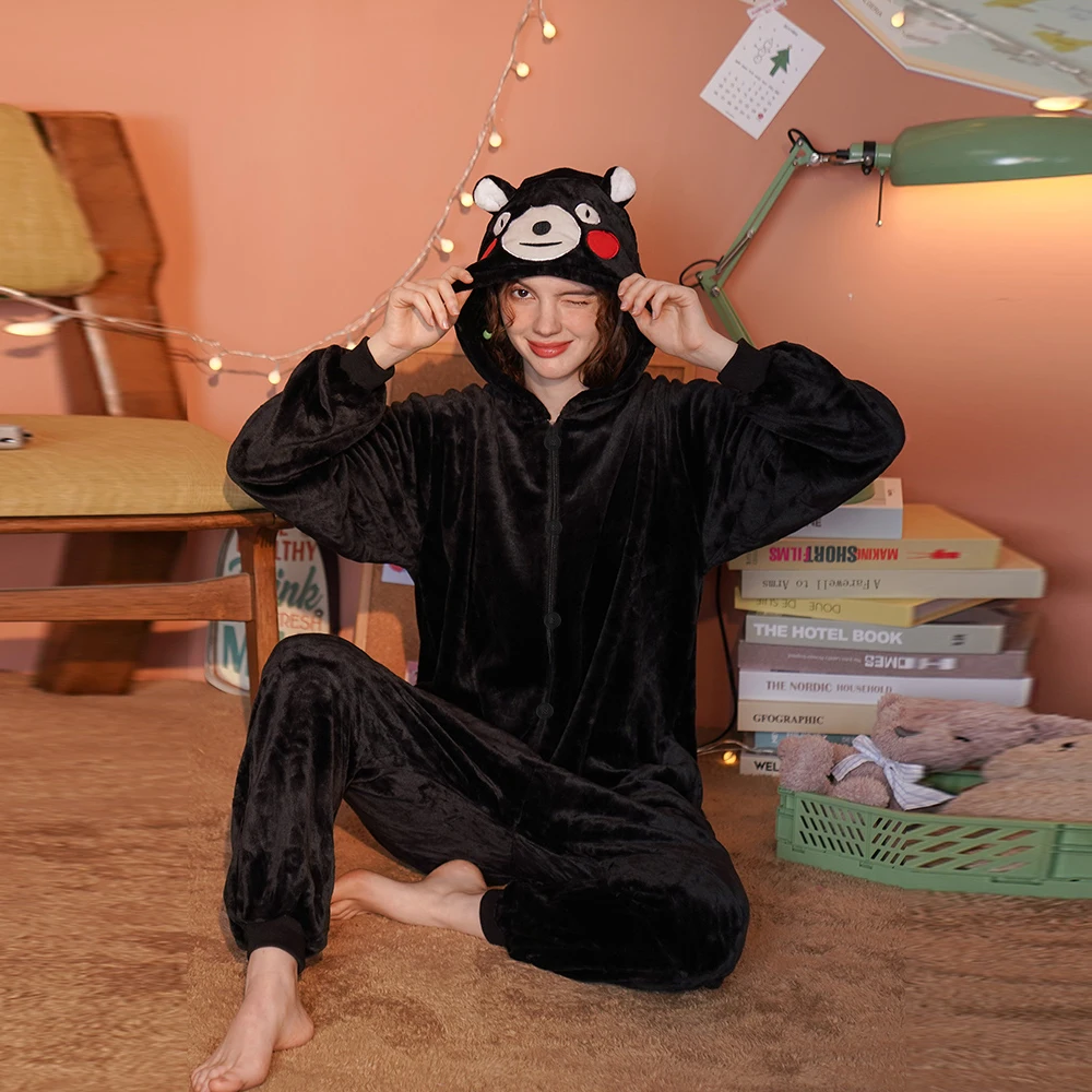 Pyjama ours cosplay de dessin animé japonais pour hommes et femmes, grenouillères noires 275 amon, vêtements de nuit doux, combinaison pour adultes, hiver