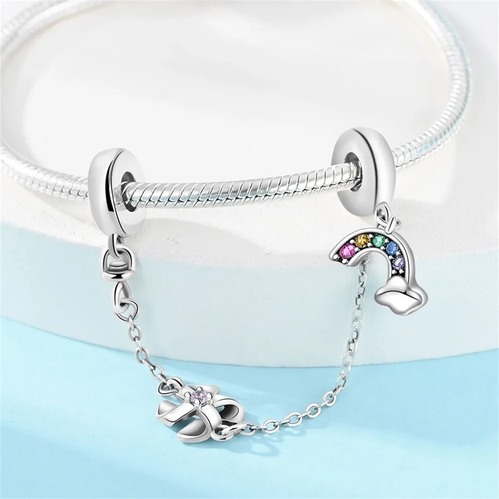 Sicherheits kette 925 Sterling Silber Schmetterling Regenbogen Charme Rose Anhänger Zirkon fit Pandora Armband Original Frauen Schmuck herstellung