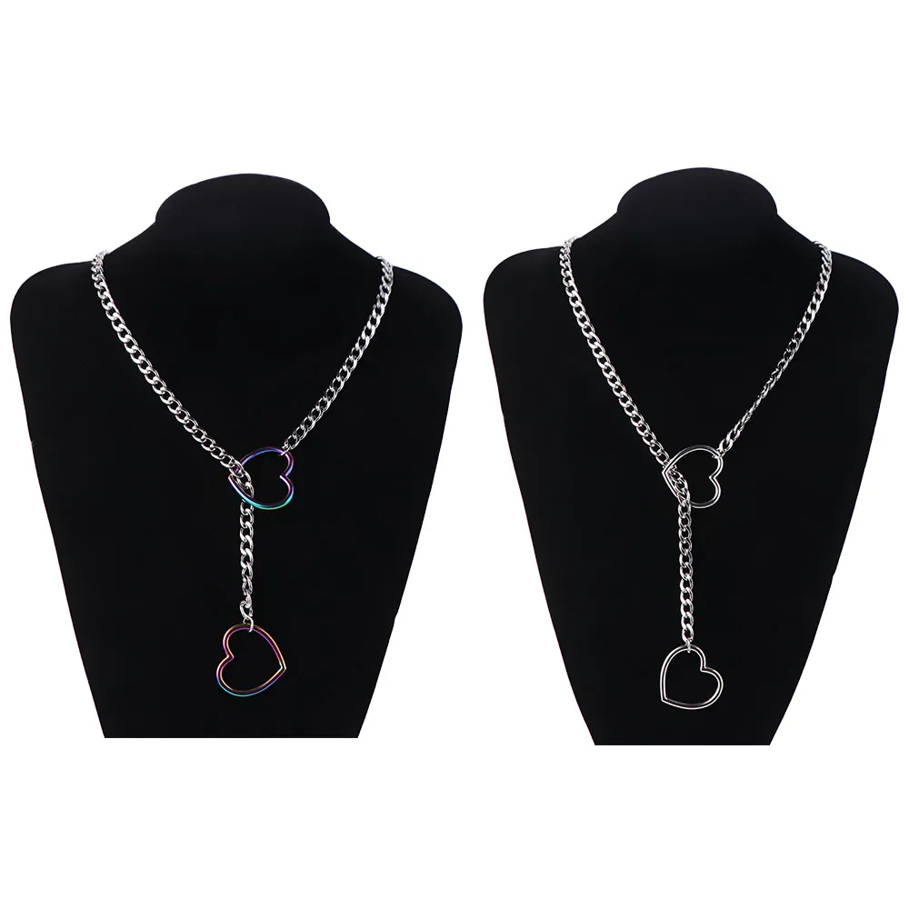 Adjustable Cuban Link Necklace Long Punk Heart-shaped Necklace Rock Style Stainless Steel O-ring Clavicle Chain Party Wear