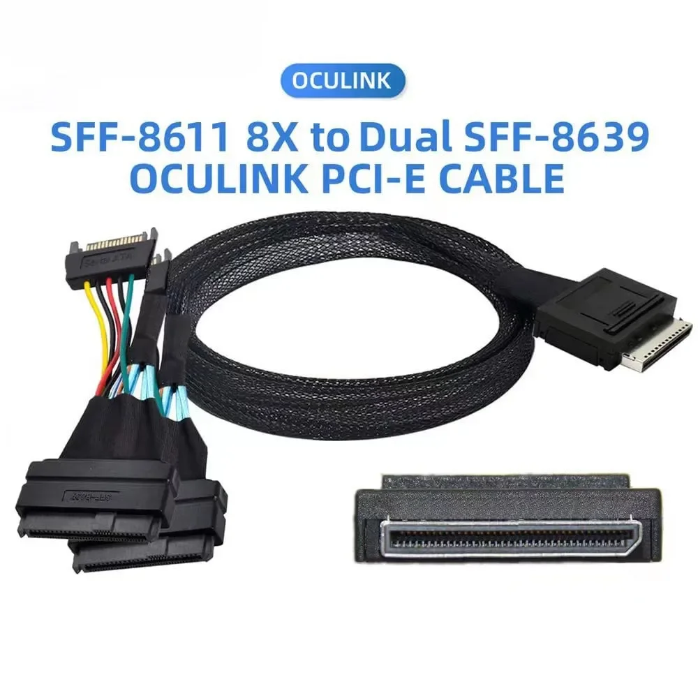 OCuLink PCIe PCI-Express SFF-8611 8X 8-Lane to Dual SFF-8639 U.2 4X SSD with 15P SATA male power Data Active Cable