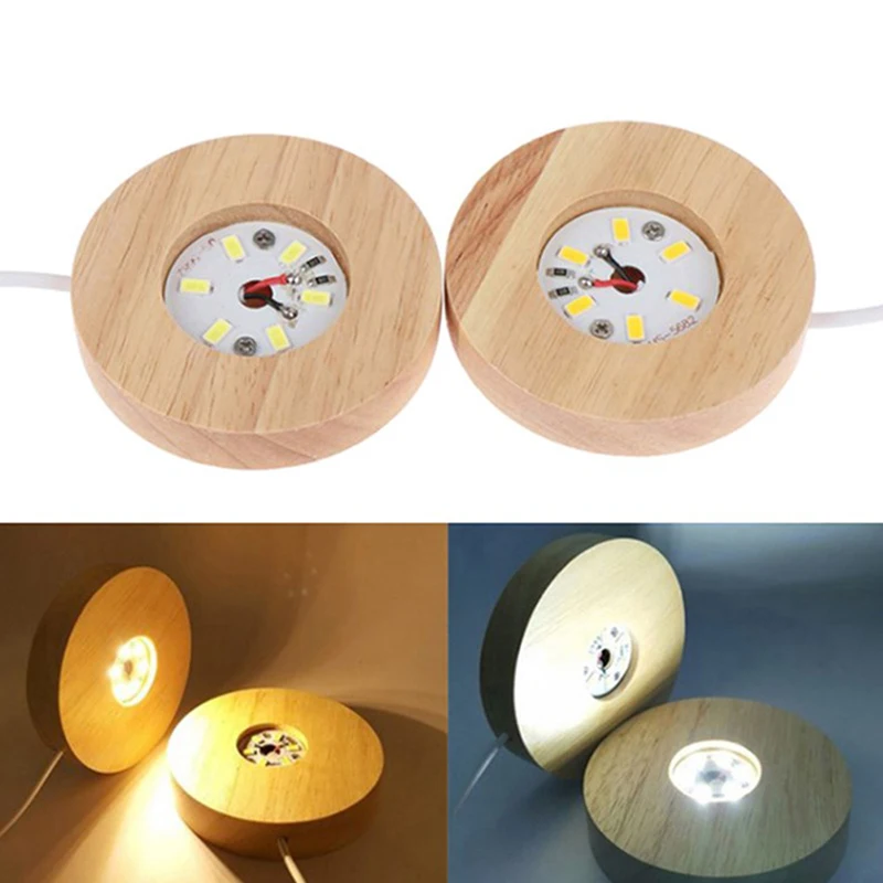 New 8cm Wooden LED Light Dispaly Base Rechargeable Wood Night Lamp Base LED Light Display Crystal Ball Wood Luminous Stand Base