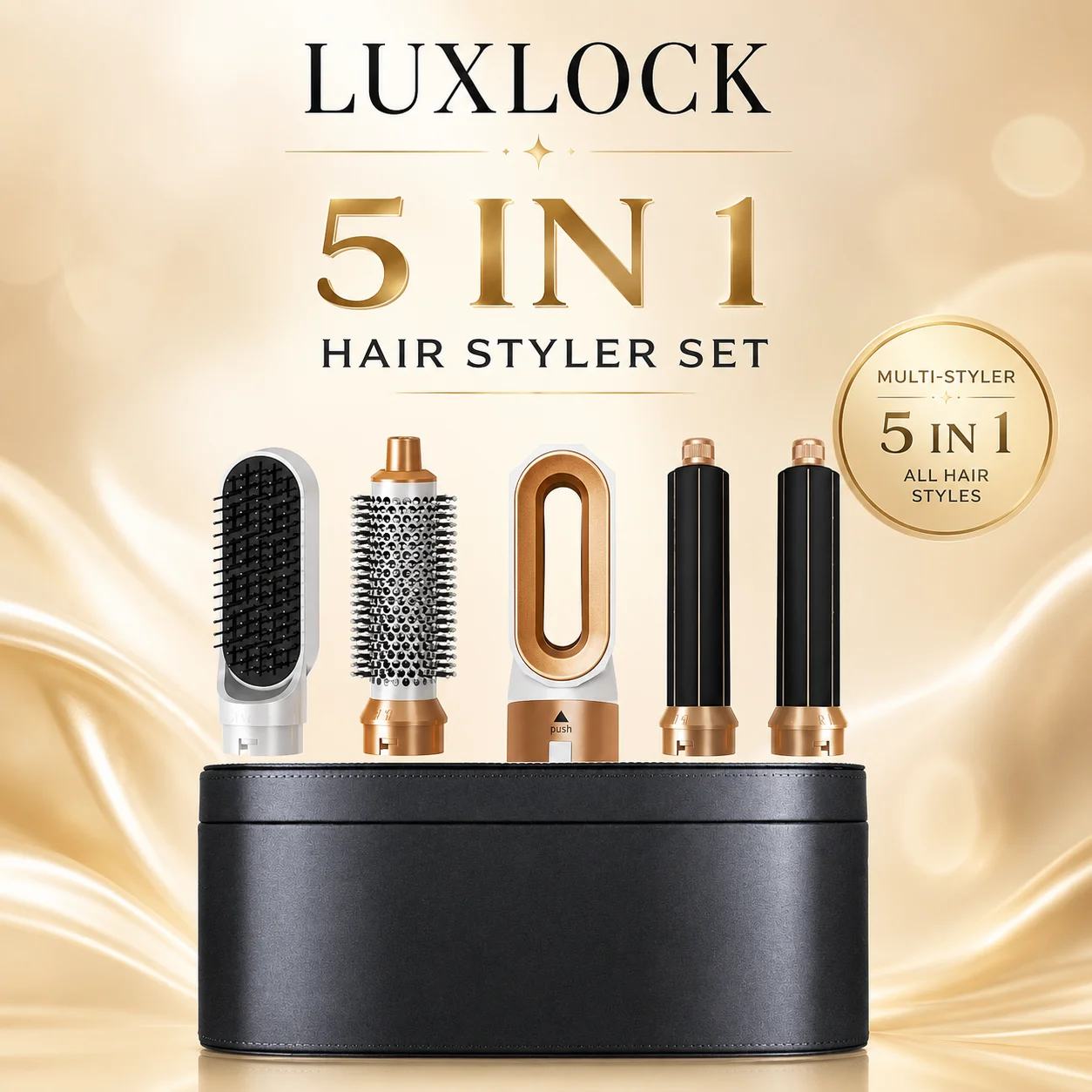 Il set LUXLOCK 5-in-1 per l’acconciatura include un asciugacapelli e una spazzola lisciante, un pettine riscaldato, strumenti professionali per l’acconciatura da usare a casa e idee regalo per le