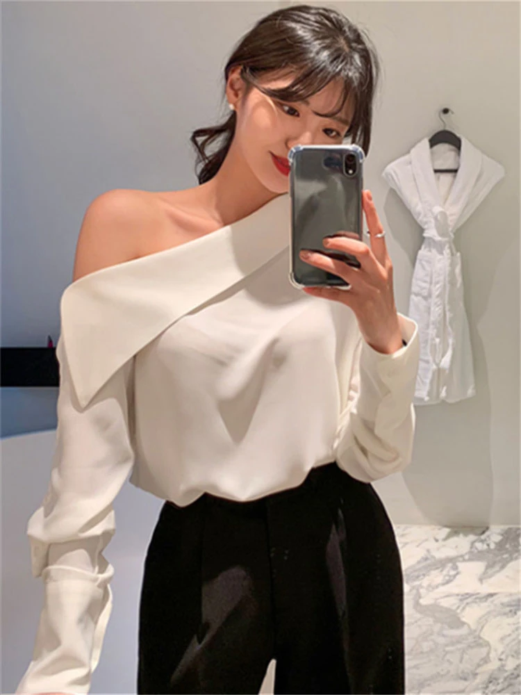 Office Lady Korean Style Black Blouses One Shoulder Sexy Shirts Women Spring Summer Cold Blouse Female Elegant White Tops