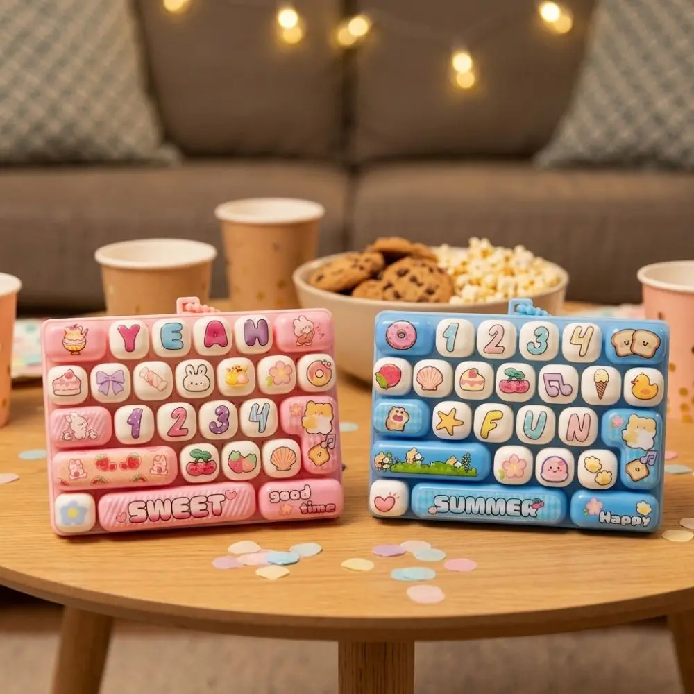 Cartoon 26 Key Keyboard Keychain Plastic Clear Key Sounds Mechanical Fidget Keyboard Clickable Keys Animal Patterns