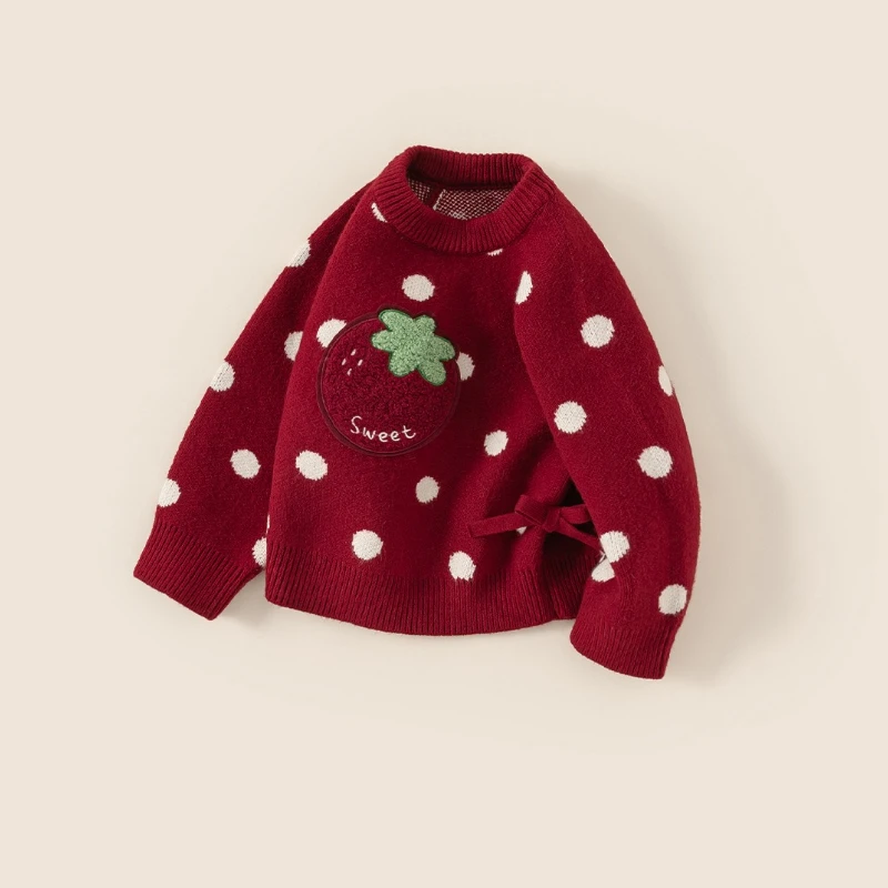 2025 New Winter Christmas Style Children's Dot Thickened Cute Strawberry Pattern Sweater