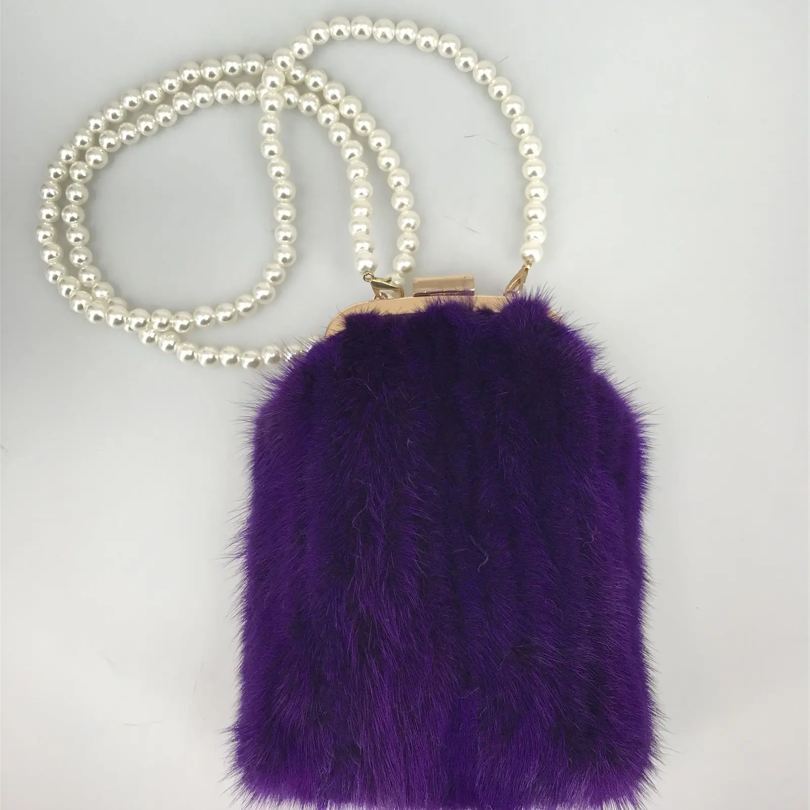 Real Mink Fur Bag, Mini Purse, Wallet, Phone Handbag with Pearl Chain, Purple Color, Fashion, All-Match, Elegant, B230801