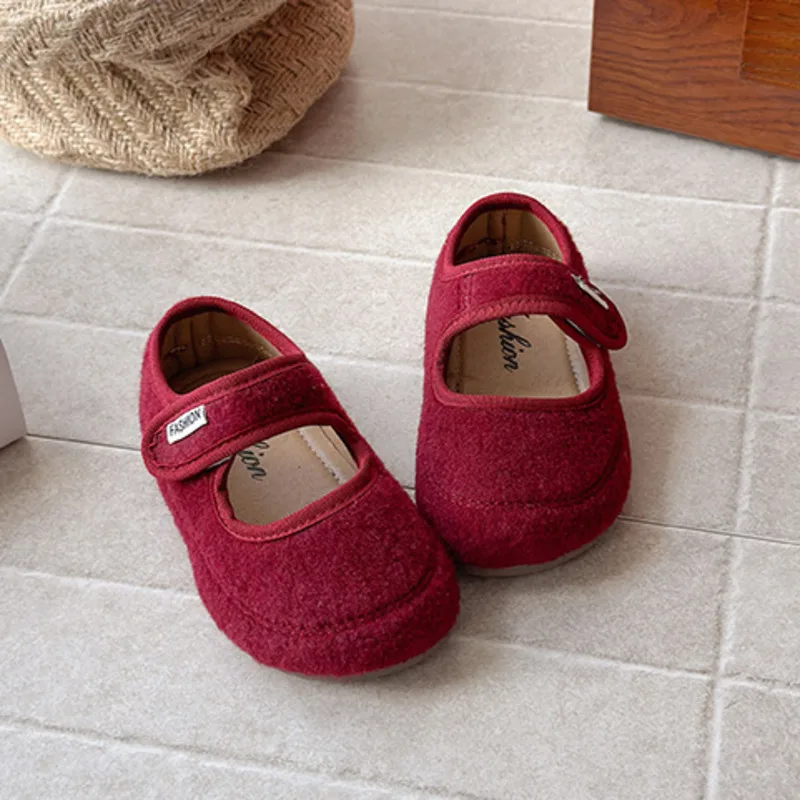 秋冬用無地キッズフラットシューズ スエードPUレザー浅履き女の子バレエシューズ マジックテープ式ソフト子供カジュアルシューズ