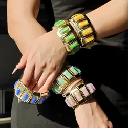 Vintage Elegant Blue Green Stone Resin Splicing Contrast Color Elasticity Adjustable Bracelet for Women Girls Chunky Bangle
