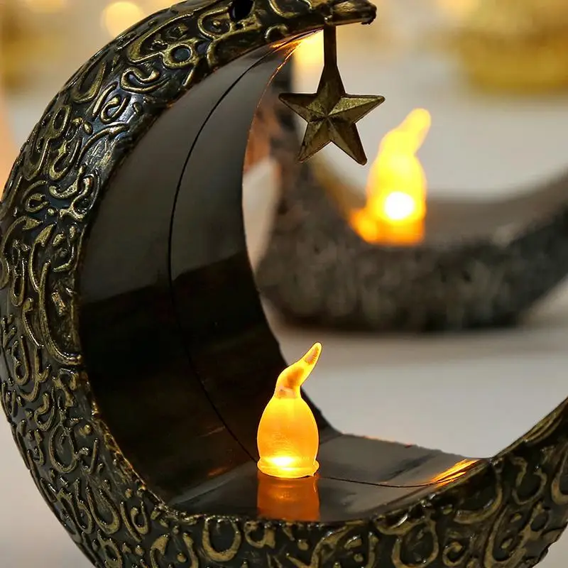 Eid Candle Light Tabletop Moon Star Light Eid Moon Star Light Elegant Candle Lantern Tabletop LED Light Rustic Ornaments