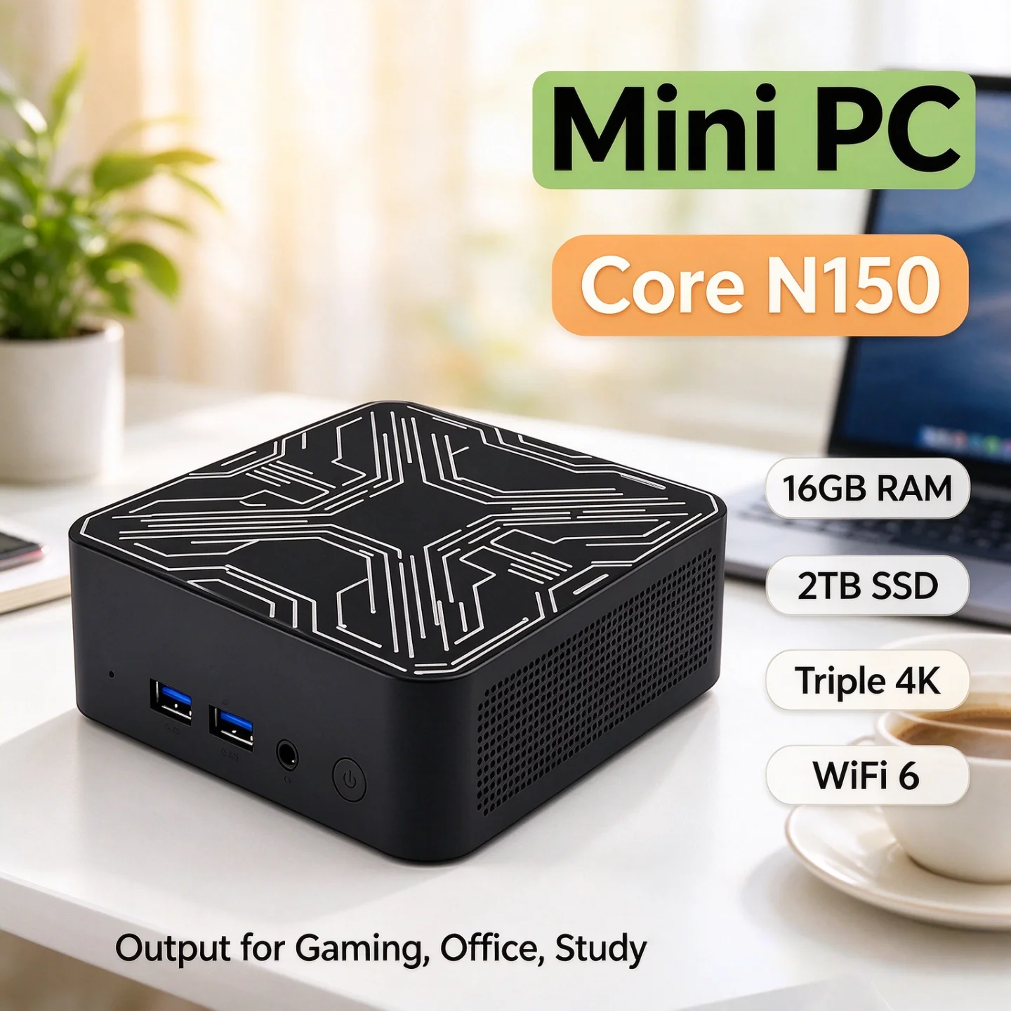 静音冷却、ポータブル、ミニpc、intel-core-n150、2026年モデル、16gbメモリ、m2-nvme-ssd、トリプル4k、wi-fi-6、高効率、オフィス・家庭用デスクトップコンピューター。