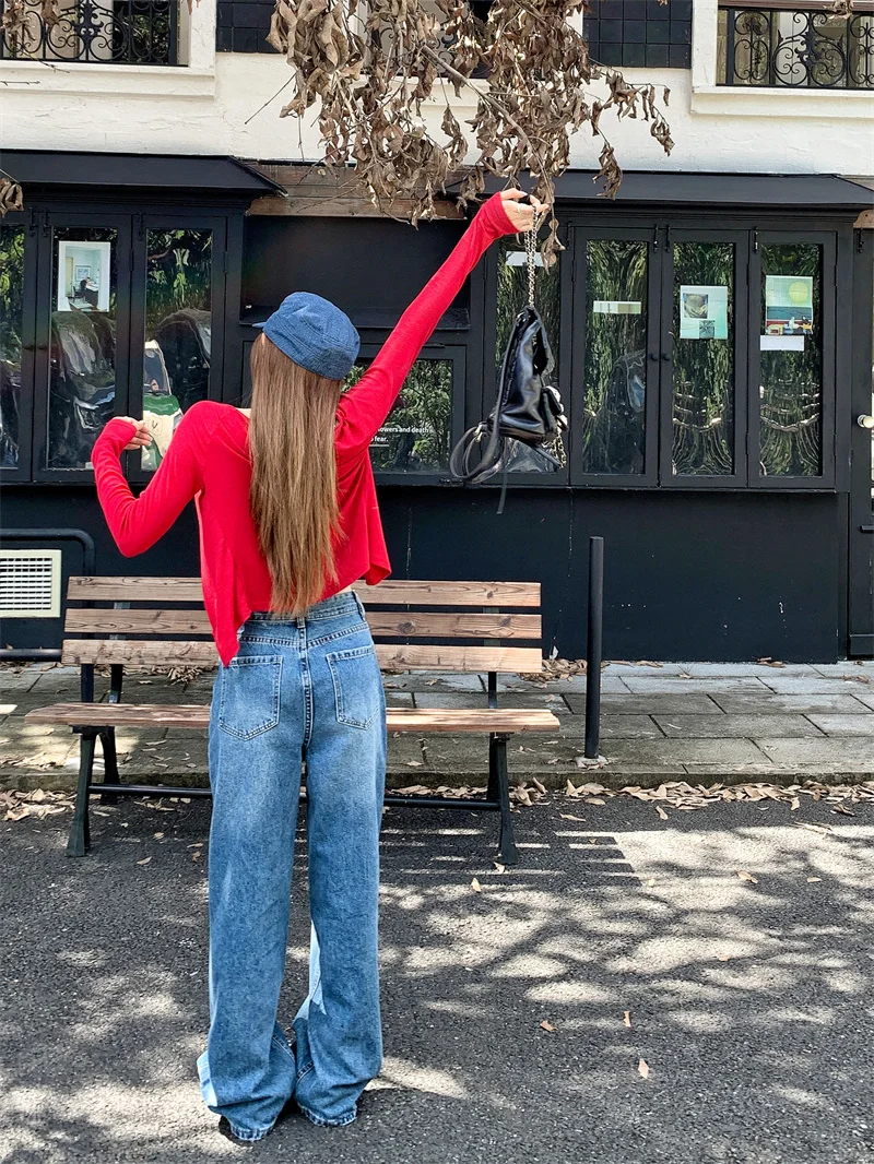 Korean-style spring and autumn narrow wide-leg jeans for women washed versatile high-waisted drapey height-enhancing floor-length pants