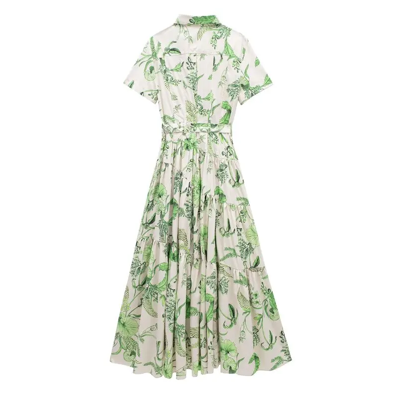 Summer 2024 Women's Slimming Versatile Floral Print irt Dr Midi Length Single Piece  Collar ort Sve Other Material