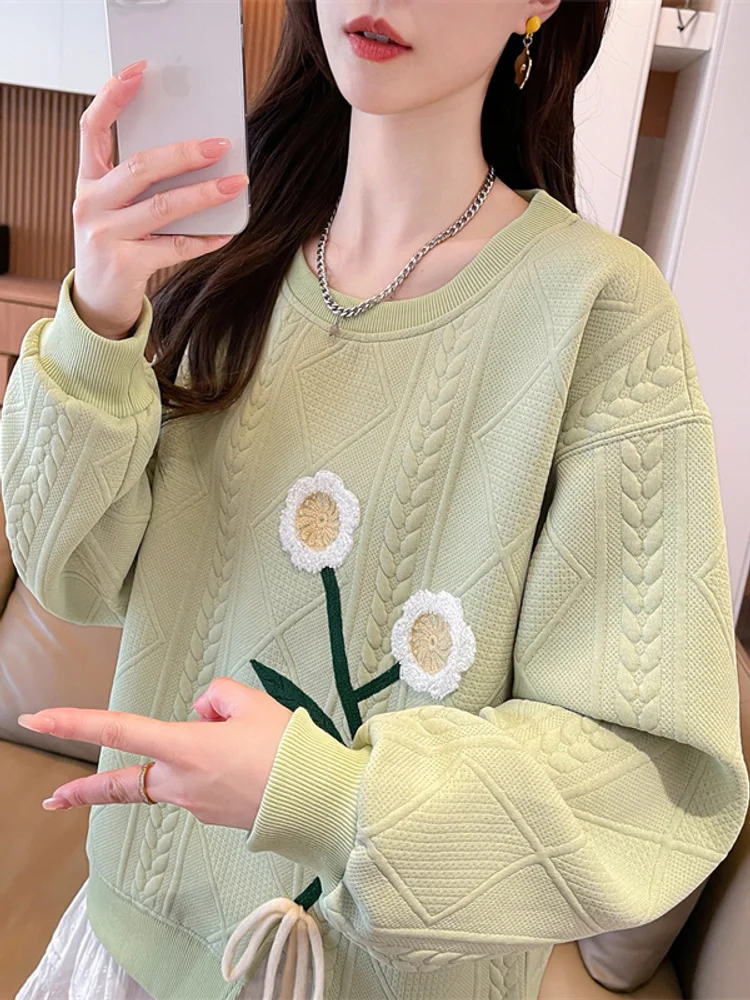 

Autumn Sweet Long Sleeved Top Elegant Solid Color Embroidery Flower Fashion Embossed Drawstring Comfortable Round Neck Pullover