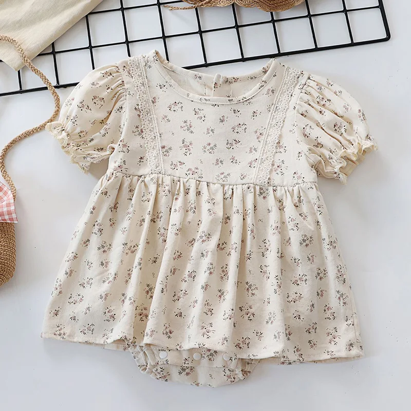 

2024 New Summer Korean Style Infant Baby Girl Bodysuits Short Sleeved Cotton Print Toddler Baby Jumpsuit Children Clothing