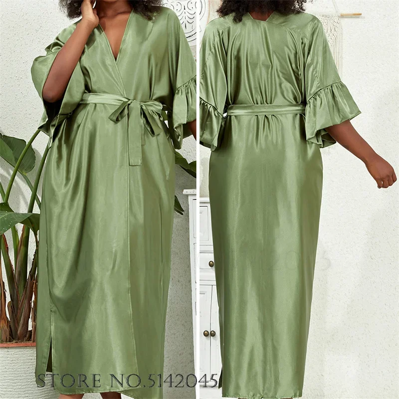 Plus Size Ice Silk Long Kimono Bathrobe Gown Female Robe Dress Sleepwear Bikini Sunscreen Cardigan Loose Home Clothes Loungewear