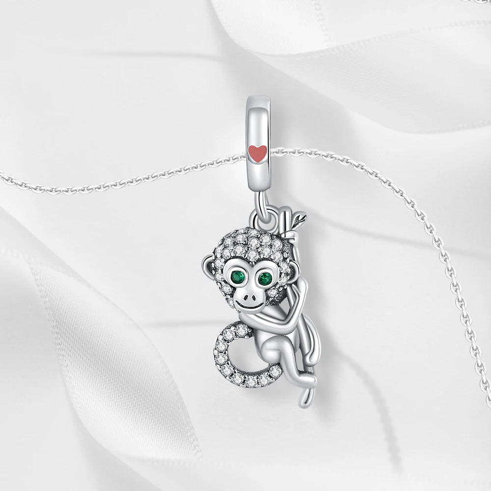 Trendy 925 Sterling Silver Green Eyed Tree Climbing Monkey Charm Fit Pandora Bracelet Women's Cute Jewelry Accessories