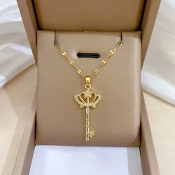 1 PC Crown Key Pendant Necklace Clear Rhinestone Gold Color Stainless Steel Queen Key Choker Timeless Jewelry For Women 45cm