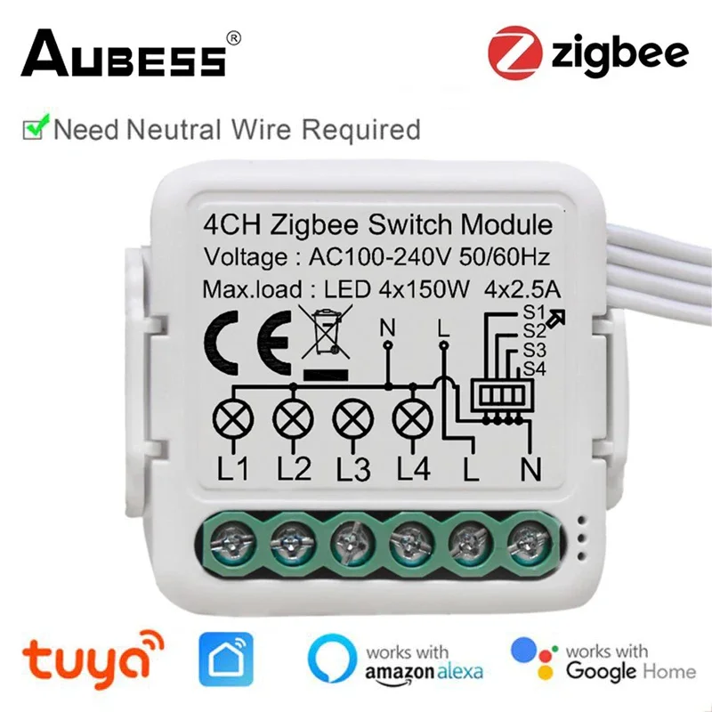 Tuya Zigbee 3/4 Gang Smart Light Switch Module Need Neutral Wire 2 Way Control DIY Smart Breaker Works With Alexa Google Home