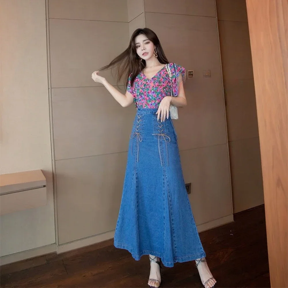 

Long Female Jeans Skirts with Strings High Waist Maxi Women's Denim Skirt Modest Korean Fashion Streetwear V Luxury Elegant Chic