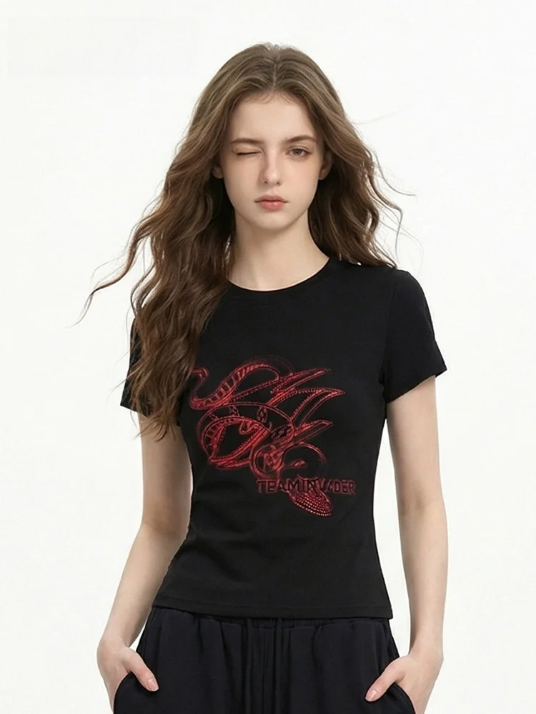 

Облегающая футболка в американском стиле с блестящим принтом, модная, для девушек, брендовая, в китайском стиле, для танцев, повседневная, с круглым вырезом