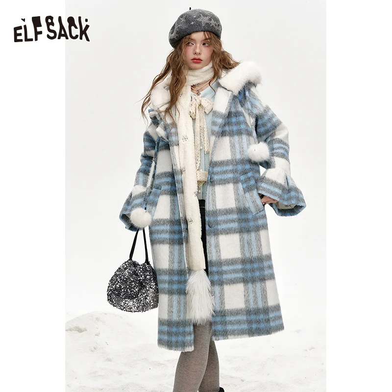 

ELFSACK 2024 Winter New Arrivals Blue and white plaid hooded long thick coat for women