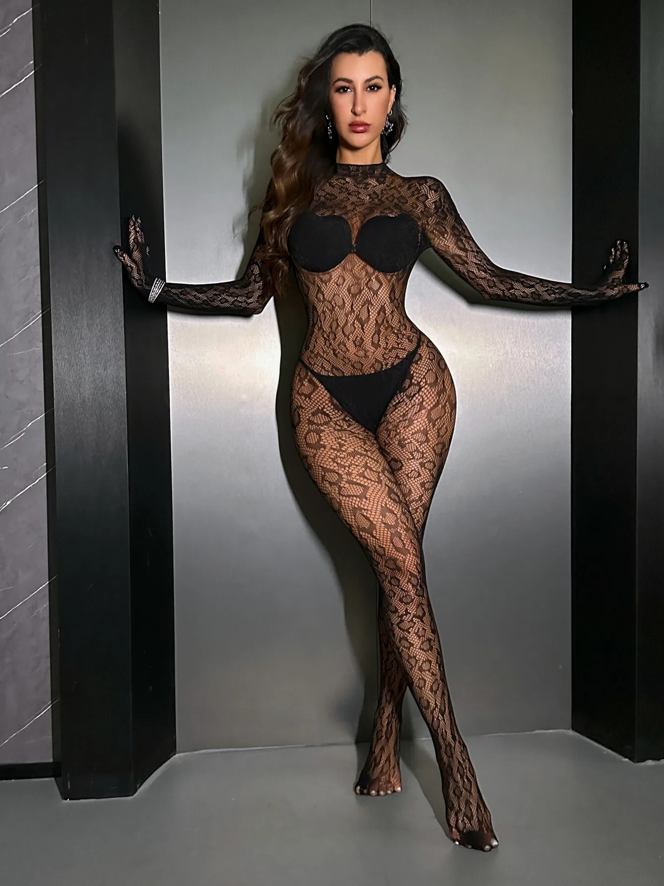 레오파드 프린트 여성의 섹시한 Fishnet 긴 소매 메쉬 고탄력 바디 슈트 백리스 딥 V 멜빵 민소매 Charming GESN
