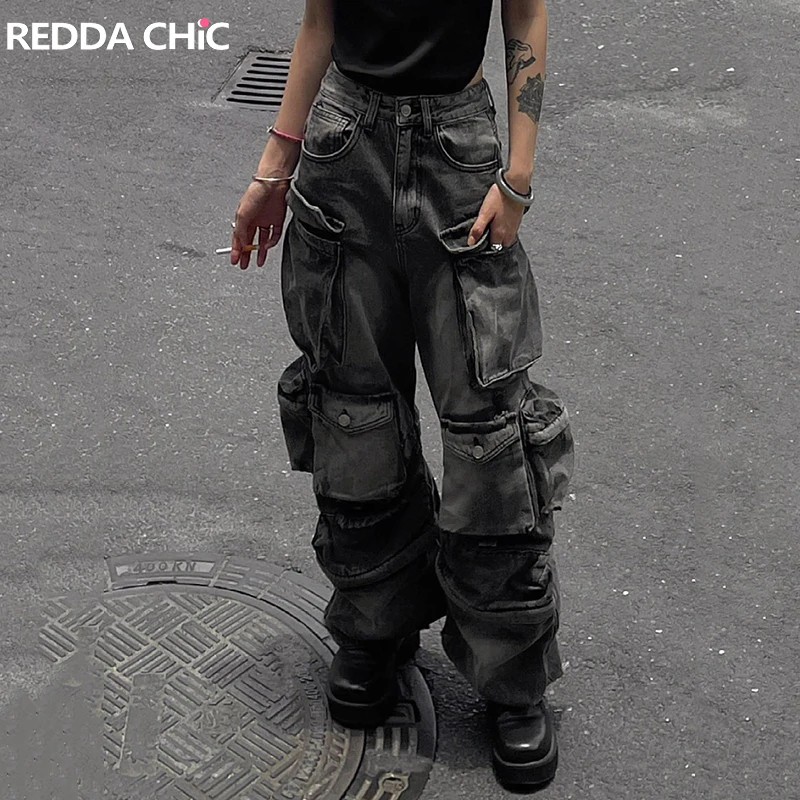 REDDACHiC Grunge Y2k Cargo Pockets Baggy Jeans Men Ripped Holes Black Wash Oversize Skater Pants Y2k Trousers Dark Punk Workwear