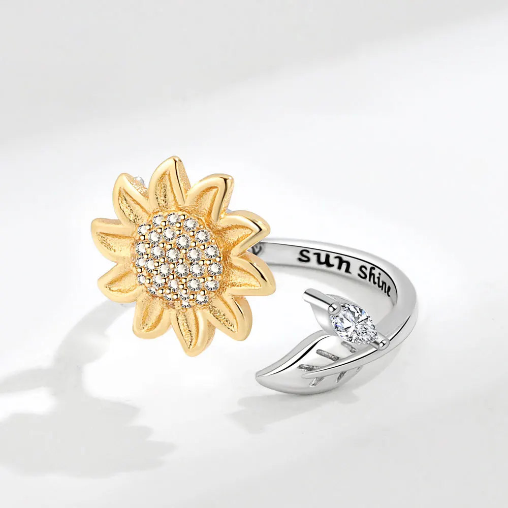 Sunflower Crystal Women's Ring Anxiety Relief Anti-Stress Spinning Aesthetic Adjustable Wedding Finger Ring bague femme view 4