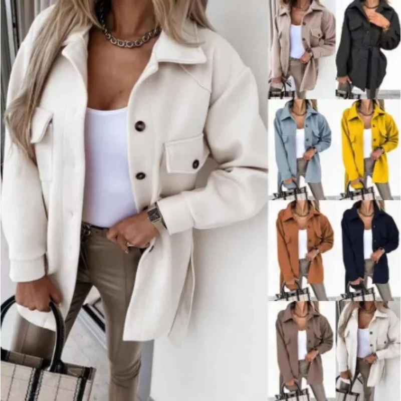 

2025 Autumn/Winter New Women's Long Sleeve Temperament Solid Color Polo Button Lace Up Woolen Coat